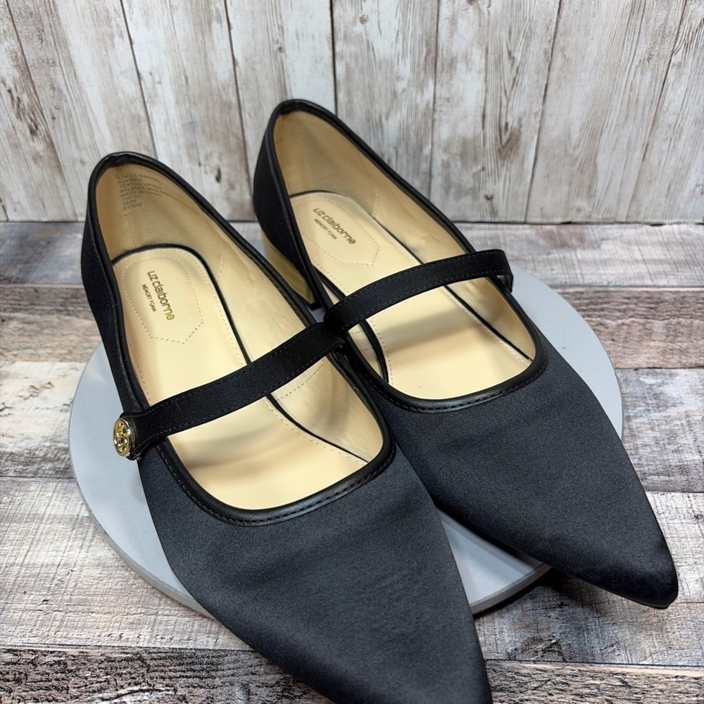 Liz Claiborne Santry Women’s Black Gold Satin Pointed Toe Mary Jane Flat Sz 11 M